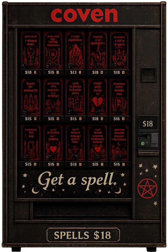 A weathered black vending machine labelled ‘coven’ stocked with illustrated spell books, reading ‘Get a spell. Spells $18’