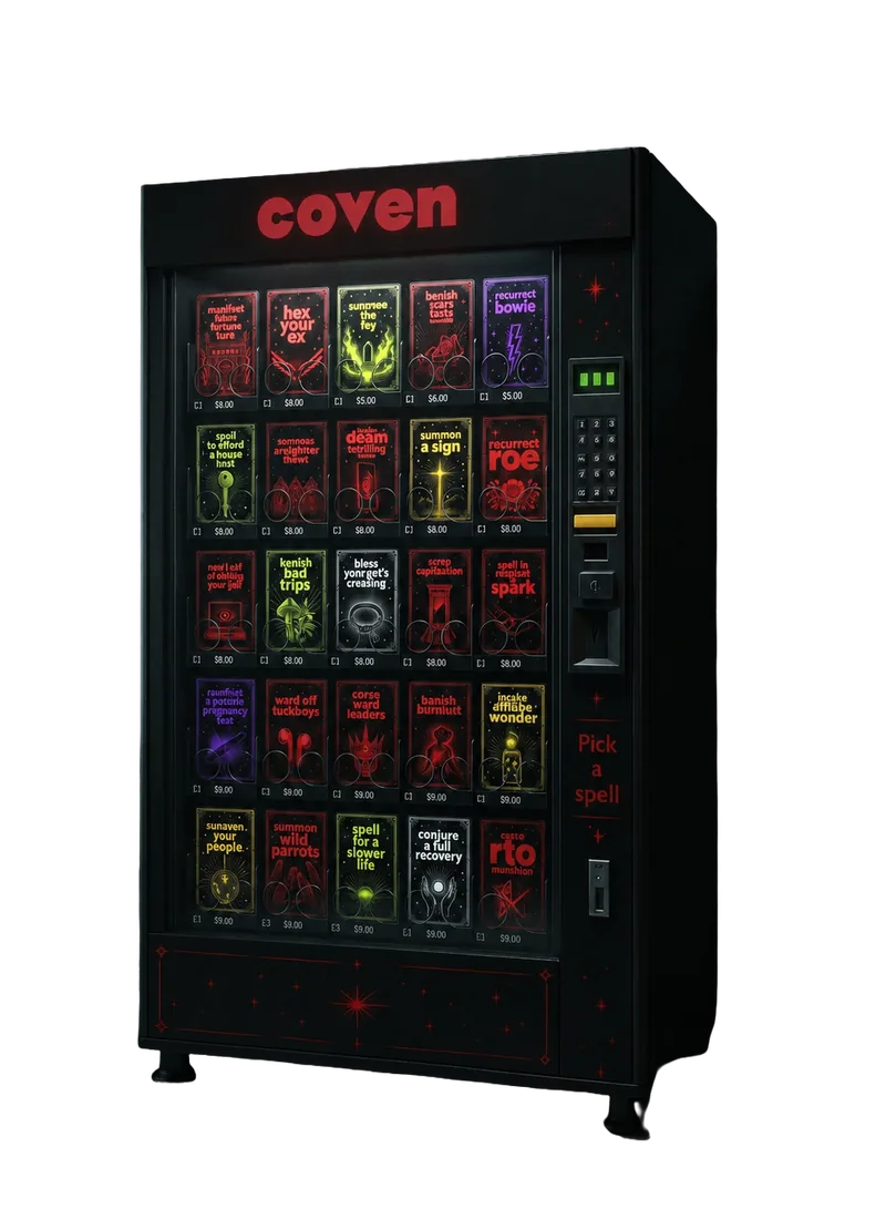 A matte black vending machine labelled ‘coven’ in red across the top, stocked with twenty-five spell booklets, with ‘Pick a spell’ in red vertical lettering on the right and a star pattern across the bottom panel