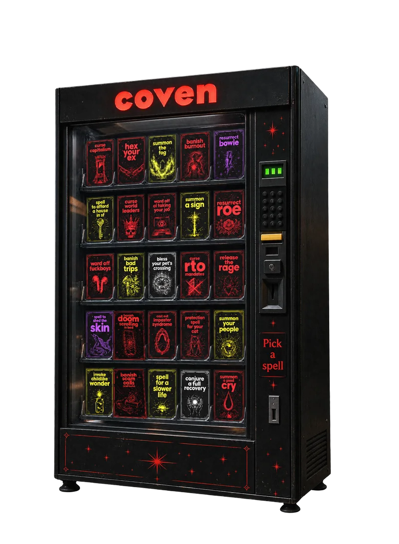 A matte black vending machine labelled ‘coven’ in red across the top, stocked with twenty-five spell booklets, with ‘Pick a spell’ in red vertical lettering on the right and a star pattern across the bottom panel