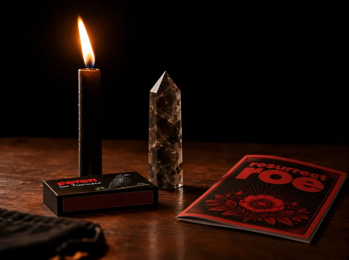 A lit black ritual candle on dark wood, beside a smoky quartz obelisk, a Coven San Francisco matchbox, a velvet pouch and the Resurrect Roe spellbook.