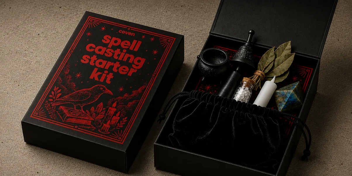 Spellcasting Starter Kit — the closed black box with red-ink type and raven illustration on the left, the open box on the right revealing a velvet drawstring pouch, small bell, labradorite obelisk, dried bay leaves, white candle, and salt vial, photographed top-down on a tan cork-textured surface
