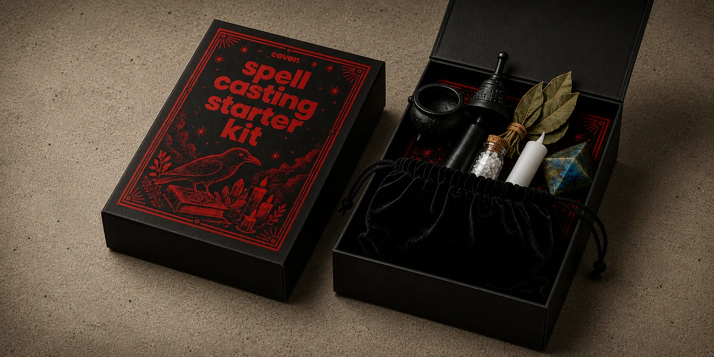 Spellcasting Starter Kit — the closed black box with red-ink type and raven illustration on the left, the open box on the right revealing a velvet drawstring pouch, small bell, smoky quartz pyramid, dried bay leaves, white candle, and salt vial, photographed top-down on a tan cork-textured surface