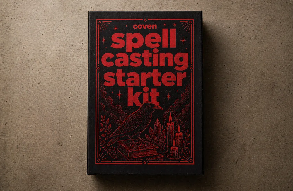 Spellcasting Starter Kit — a black box with red typographic cover photographed on a soft neutral background