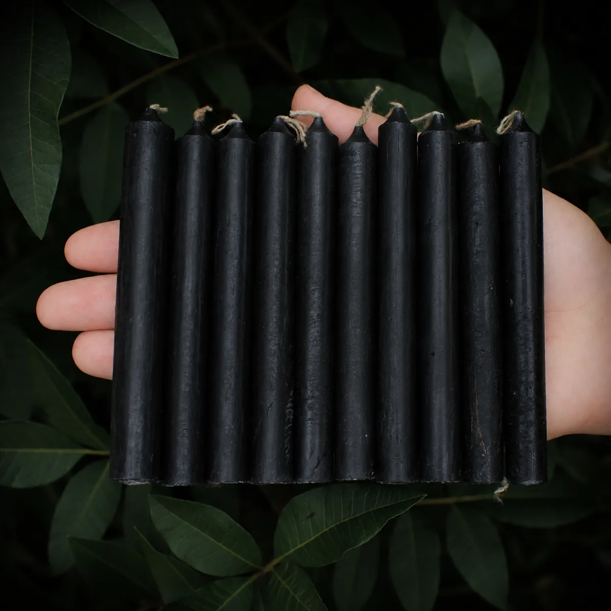 Candles in bulk — a hand holding a bundle of ten black ritual candles against dark foliage