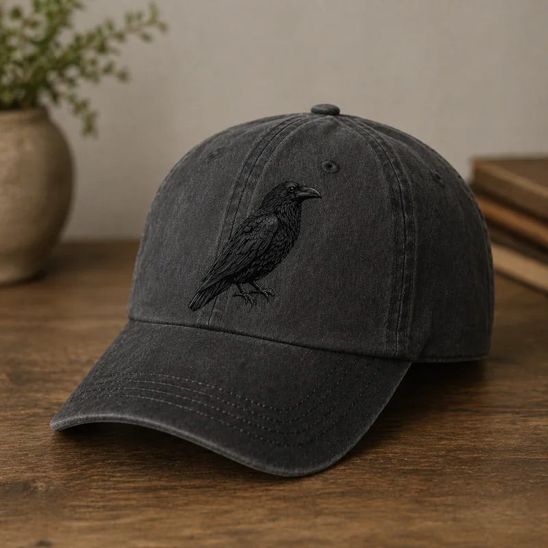 The Cap — a washed black six-panel cotton cap with a raven embroidered in tonal black thread on the front, photographed on a wooden desk beside a potted plant and stacked books