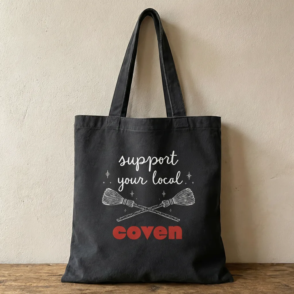 The Carryall, second design — ‘support your local coven’ in white script over two crossed broomsticks with ‘coven’ in red, on black canvas