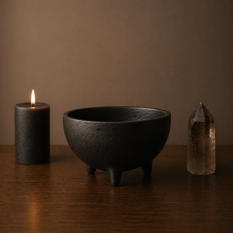 The cauldron — a small cast-iron three-legged cauldron, six inches across, photographed on a dark wood surface beside a black pillar candle and a clear quartz crystal point