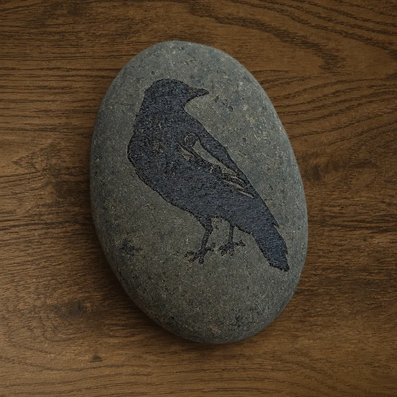 Coven's familiar — a cast-bronze raven figurine named Zelda, 8 inches tall, photographed on a wooden desk beside a candle and stack of leather books