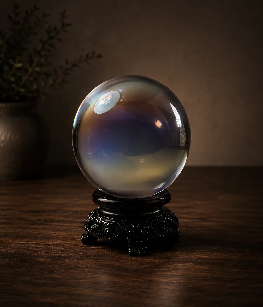Crystal ball — a polished lead glass orb on a carved black hardwood base, photographed on a dark wood surface beside a small potted plant in moody lighting