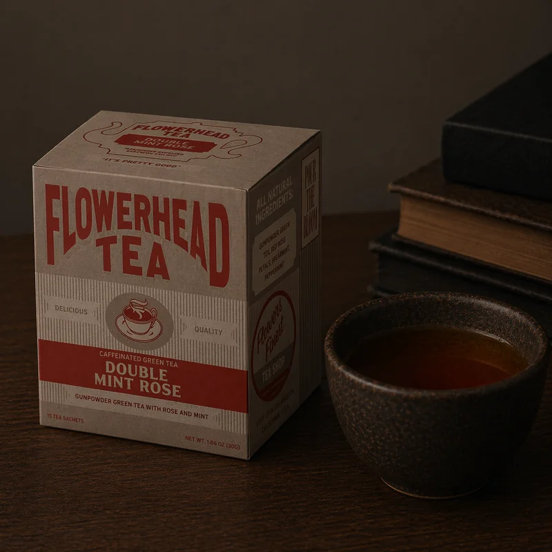 Coven x Flowerhead — a kraft and red tea box reading 'Flowerhead Tea, Double Mint Rose' alongside a stoneware cup of brewed tea, photographed on a dark wood surface beside stacked leather books