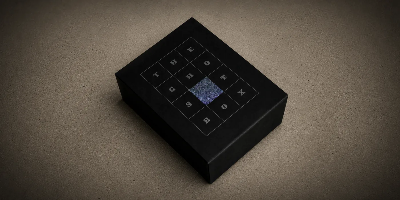 The Ghost Box — a matte black clamshell box stamped ‘THE GHOST BOX’ in a 4×4 grid with a single sparkling blue-violet iridescent tile at its center, closed on a warm cork surface