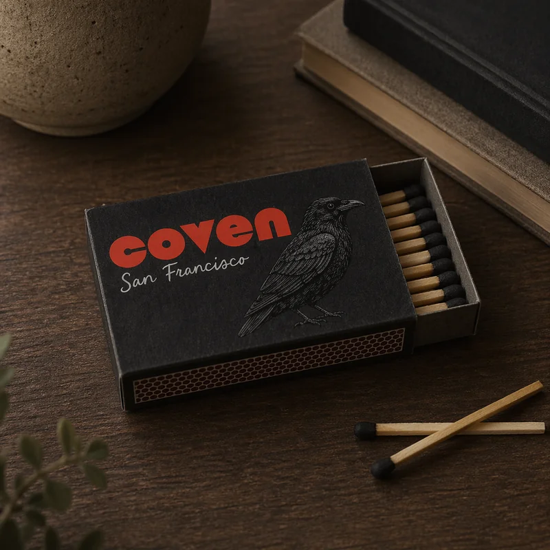 The matchbox 3-pack — a black Coven matchbox with the wordmark in red, 'San Francisco' in white cursive, and an illustrated raven, slightly open to reveal black-tipped matches, photographed on a dark wood surface beside a stoneware vessel and stacked books