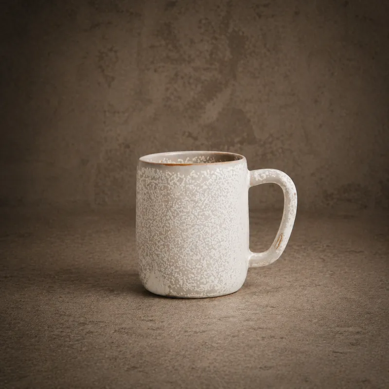 Moon mug — a high-fire stoneware mug in a matte off-white speckled Moon glaze with raw clay handle detail, photographed on a dark stone surface against a moody textured wall