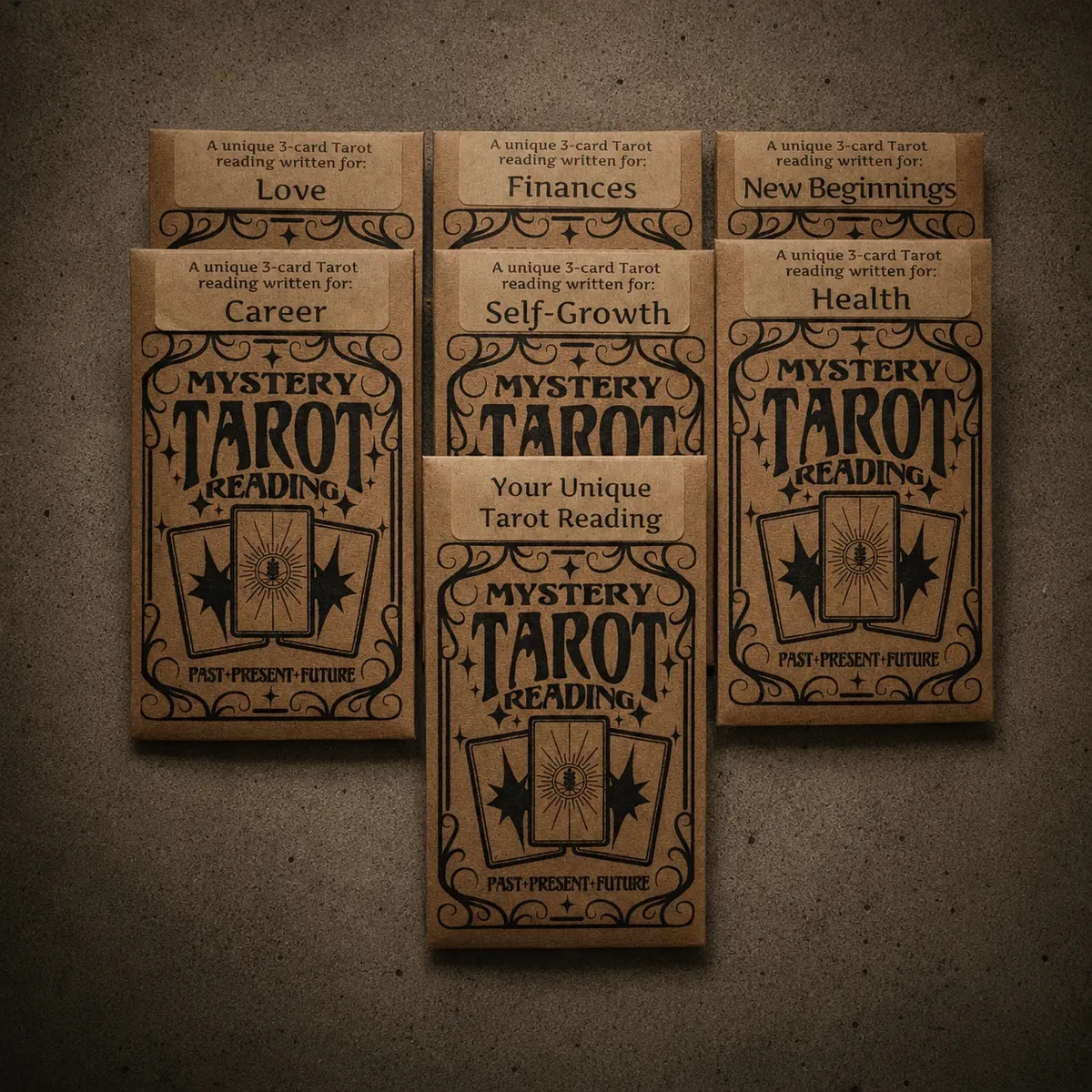 Mystery Tarot Pull — seven kraft-paper reading envelopes labelled Love, Finances, New Beginnings, Career, Self-Growth, Health, and Your Unique Tarot Reading, arranged on a concrete surface