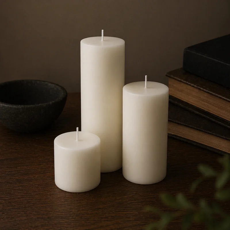 Pillars trio — three unscented ivory pillar candles in graduated heights of 3, 6, and 9 inches, arranged on a dark wood surface beside a stoneware bowl and stacked leather books