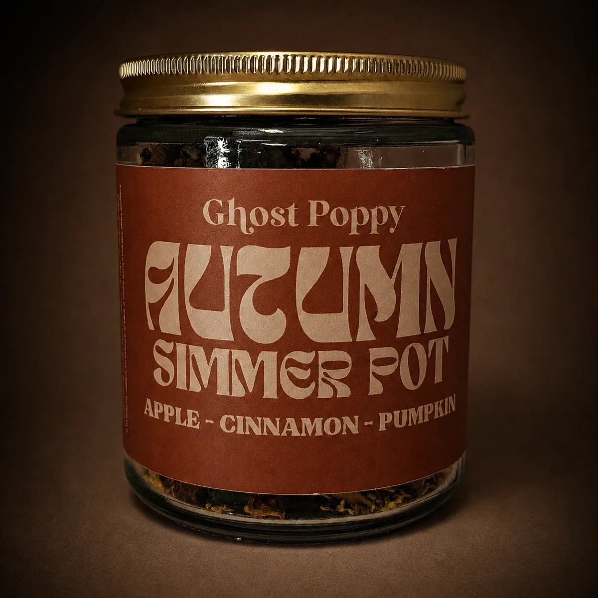 Simmer pots — Ghost Poppy Autumn Simmer Pot jar, apple, cinnamon, and pumpkin, on a warm brown surface