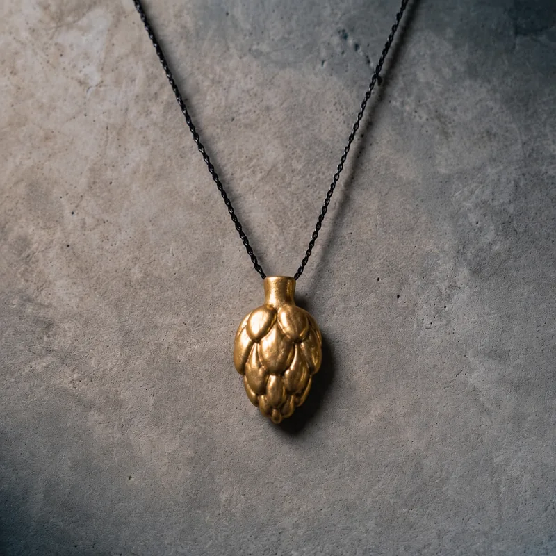 Artichoke talisman — a cast brass artichoke pendant on a blackened chain, photographed against a concrete surface