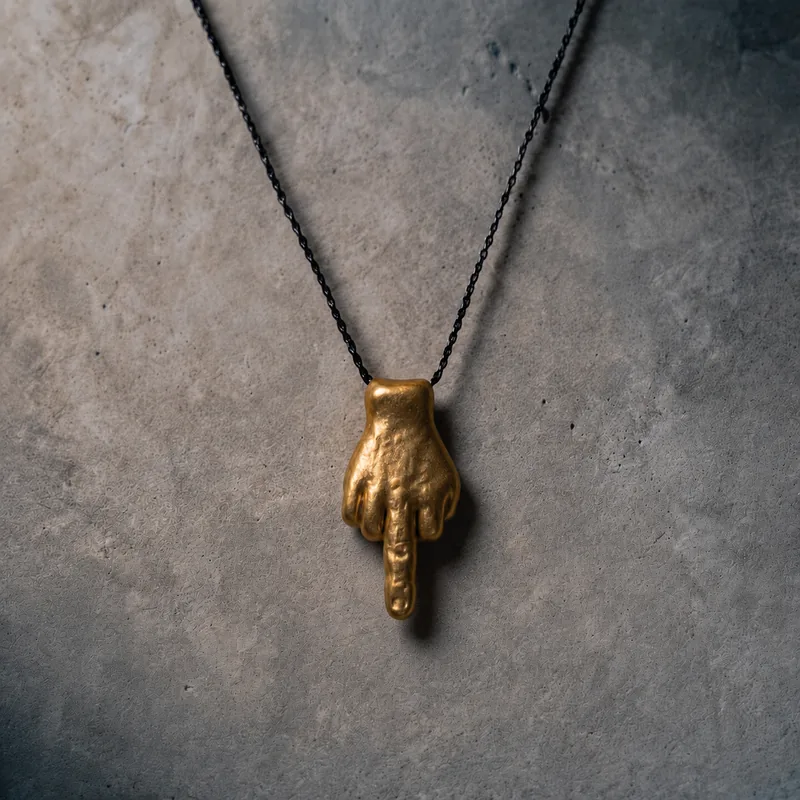 Fuck you talisman — a cast brass middle finger pendant on a blackened chain, photographed against a concrete surface