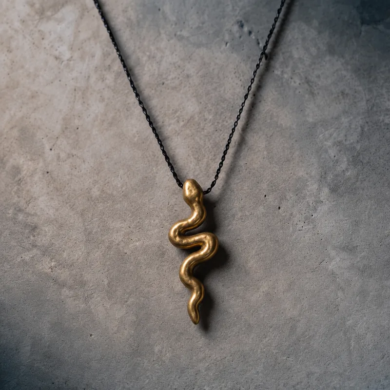 Snake talisman — a cast brass serpent pendant on a blackened chain, photographed against a concrete surface