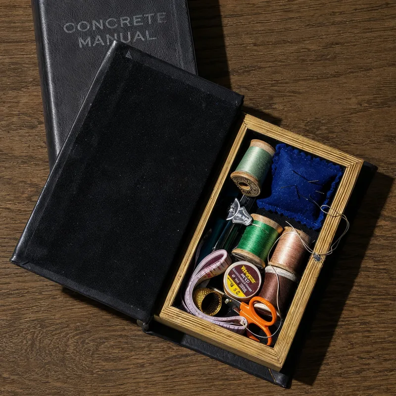 Hollowed book — the Concrete Manual open to reveal its hidden compartment, holding a small sewing kit of thread spools, a pincushion, scissors, and a tape measure