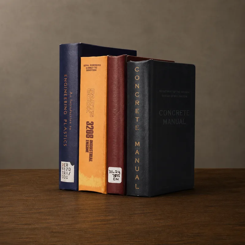 Hollowed book — four vintage hardcover reference books standing side by side on a wood surface, spines reading Engineering Plastics, Parts Book 3208 Industrial Engine, Fiberglas Reinforced Plastics, and Concrete Manual