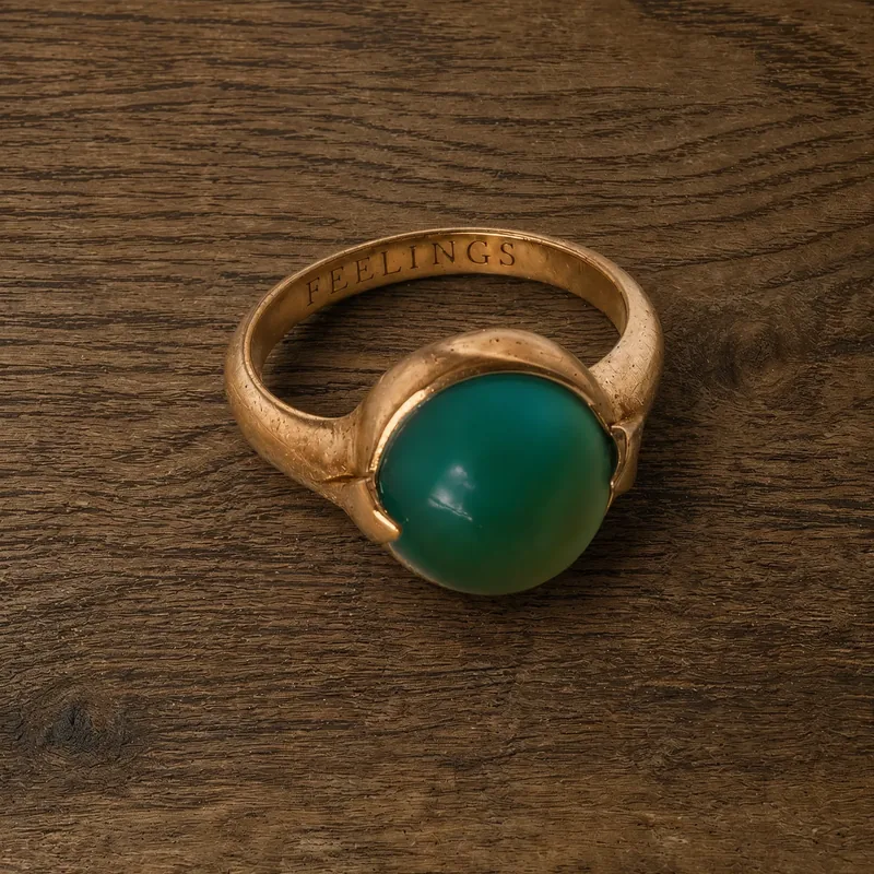 Moody ring — a close angled view of the gold-tone mood ring with a green cabochon, 'FEELINGS' engraved inside the band, photographed on a wood surface