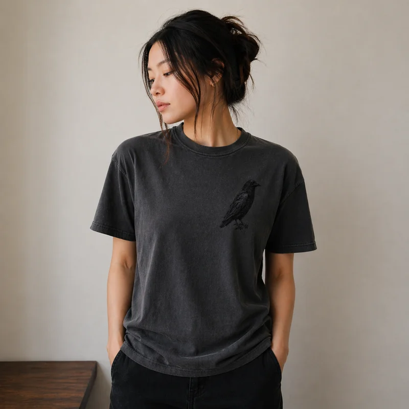 The Uniform — a dark gray heavyweight cotton tee with a small black raven printed on the front chest, worn by a model