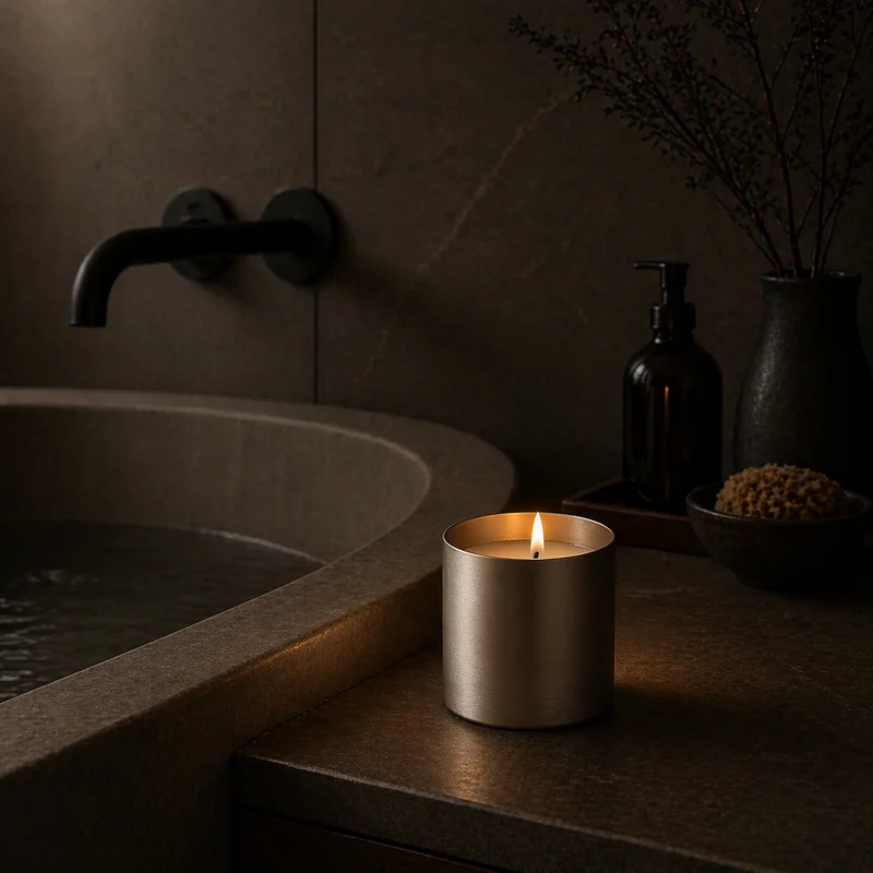 Vespers mini — a small brushed brass candle lit on the edge of a stone bathtub, warm glow against dark tile, photographed beside a matte black faucet, amber soap bottle, and dried branches in a stoneware vase