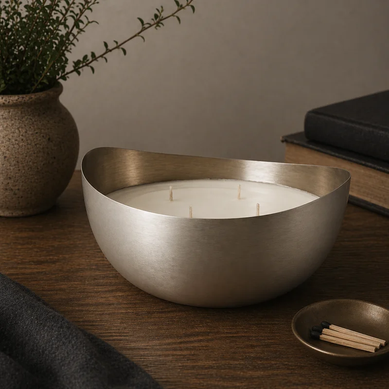 Vespers — a soft-white candle hand-poured into an asymmetric brushed brass vessel, photographed on a wooden desk beside a potted plant, books, and a small dish of black-tipped matches