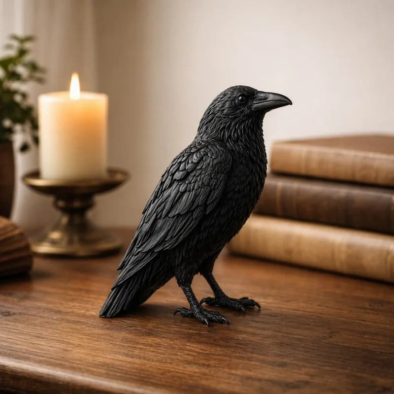 Coven's familiar — a cast-bronze raven figurine named Zelda, 8 inches tall, photographed on a wooden desk beside a candle and stack of leather books