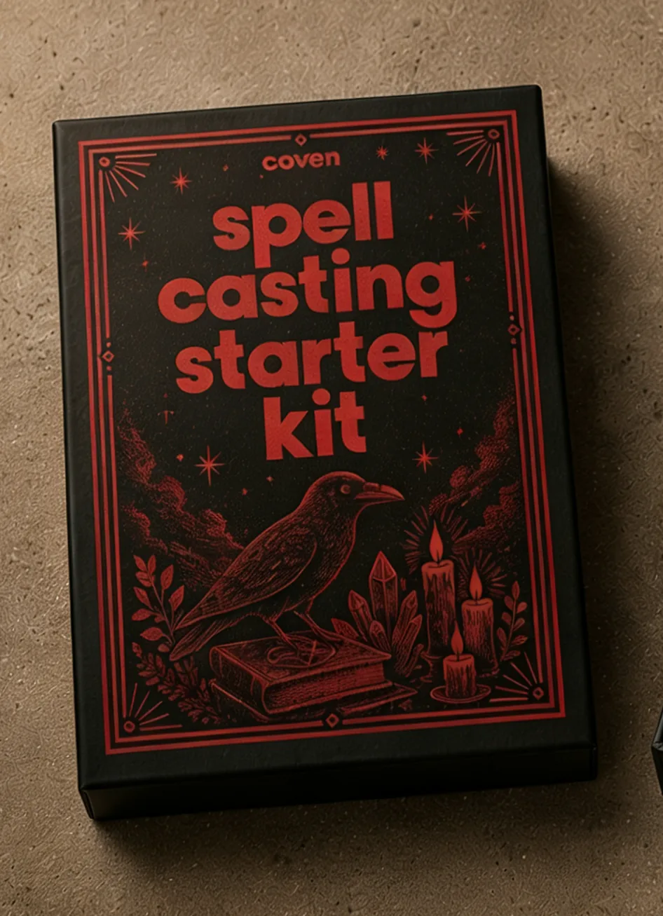 Spellcasting Starter Kit — closed black-and-red box photographed top-down on a warm concrete surface