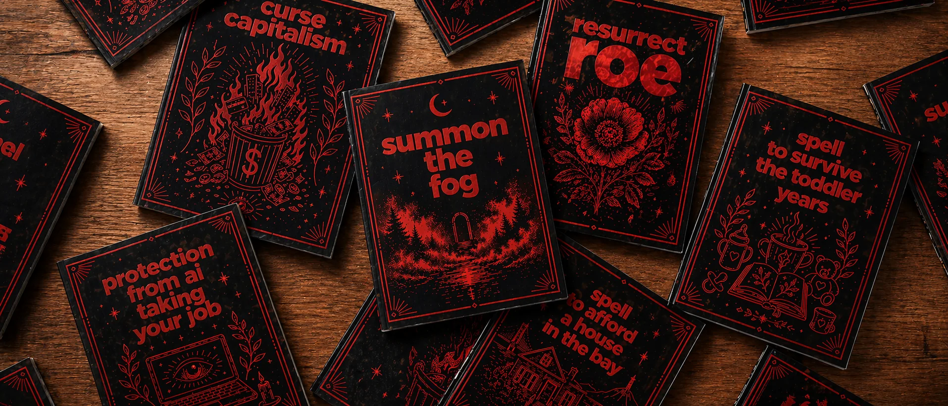 An overhead spread of Coven SF spell booklets scattered on a dark wood surface — red ink illustrations and titles like 'summon the fog,' 'curse capitalism,' 'resurrect roe,' and 'protection from ai taking your job' on matte black covers