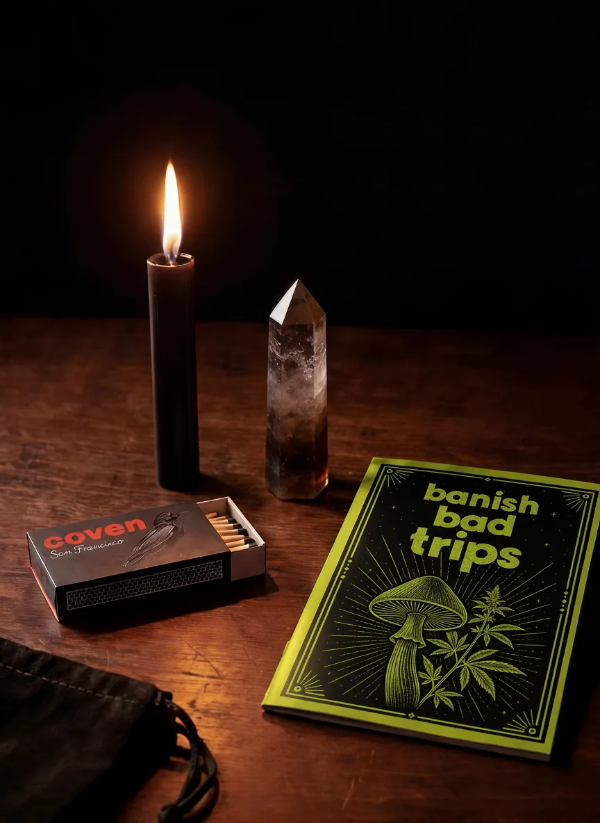 Banish Bad Trips spellbook with ritual candle, smoky quartz obelisk and Coven matches