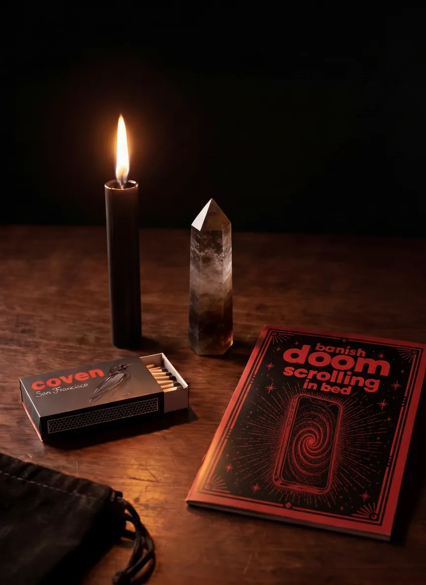 Banish Doom Scrolling in Bed spellbook with ritual candle, smoky quartz obelisk and Coven matches