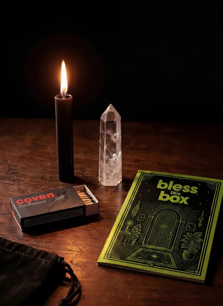 Bless This Box spellbook with ritual candle, clear quartz obelisk and Coven matches
