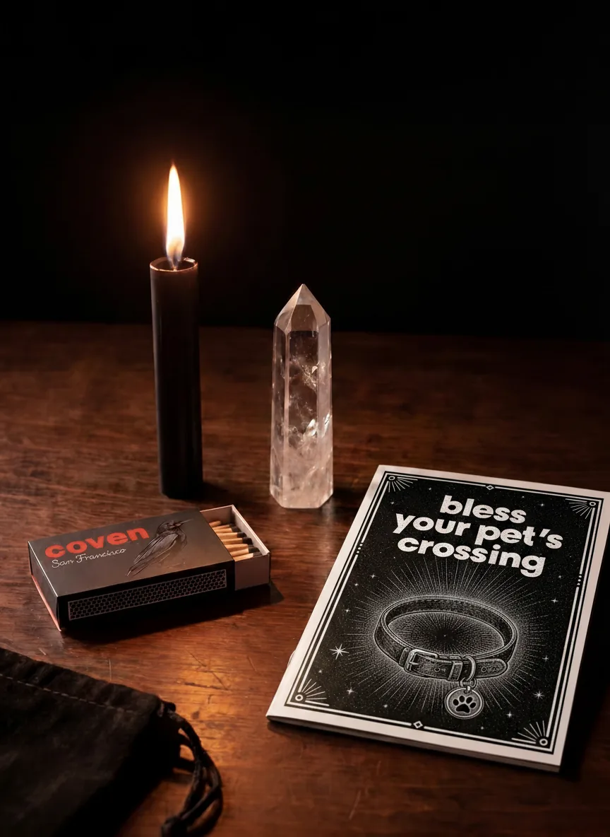 Bless Your Pet's Crossing spellbook with ritual candle, clear quartz obelisk and Coven matches