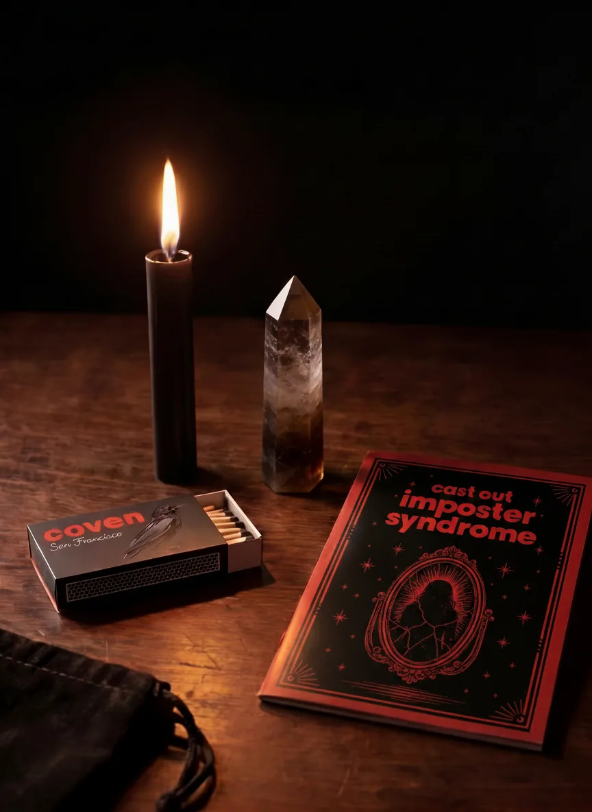 Cast Out Imposter Syndrome spellbook with ritual candle, smoky quartz obelisk and Coven matches