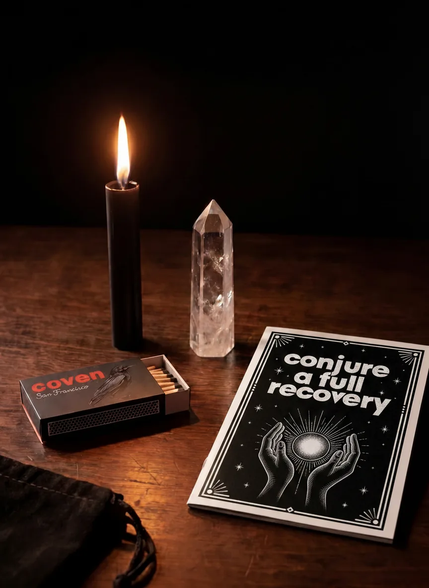 Conjure a Full Recovery spellbook with ritual candle, clear quartz obelisk and Coven matches
