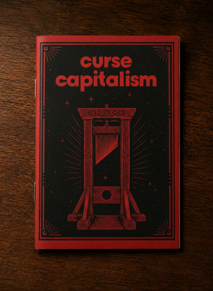 Curse Capitalism — printed spellbook cover on dark wood