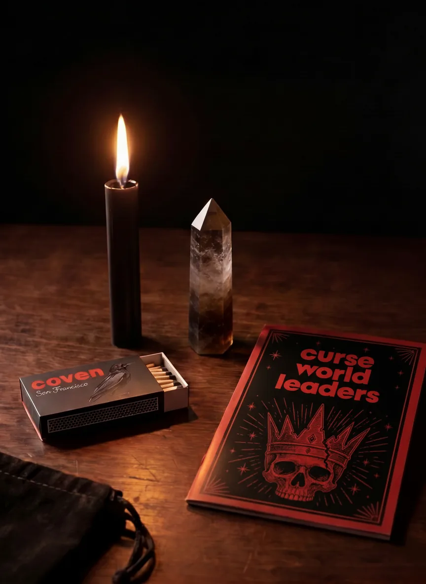 Curse World Leaders spellbook with ritual candle, smoky quartz obelisk and Coven matches