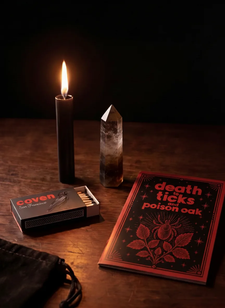 Death to Ticks and Poison Oak spellbook with ritual candle, smoky quartz obelisk and Coven matches