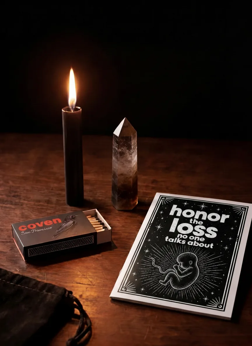 Honor the Loss No One Talks About spellbook with ritual candle, smoky quartz obelisk and Coven matches