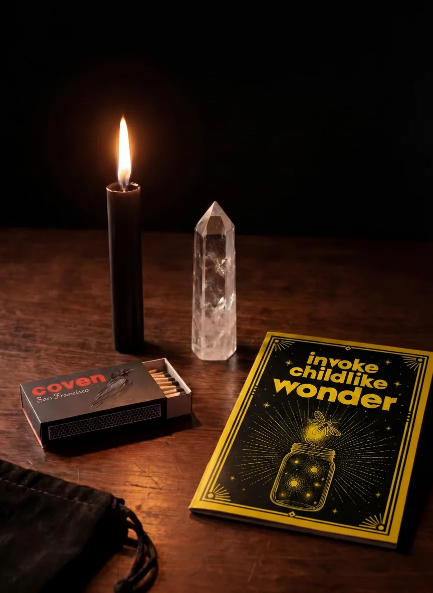 Invoke Childlike Wonder spellbook with ritual candle, clear quartz obelisk and Coven matches