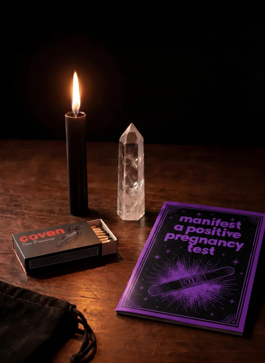 Manifest a Positive Pregnancy Test spellbook with ritual candle, clear quartz obelisk and Coven matches