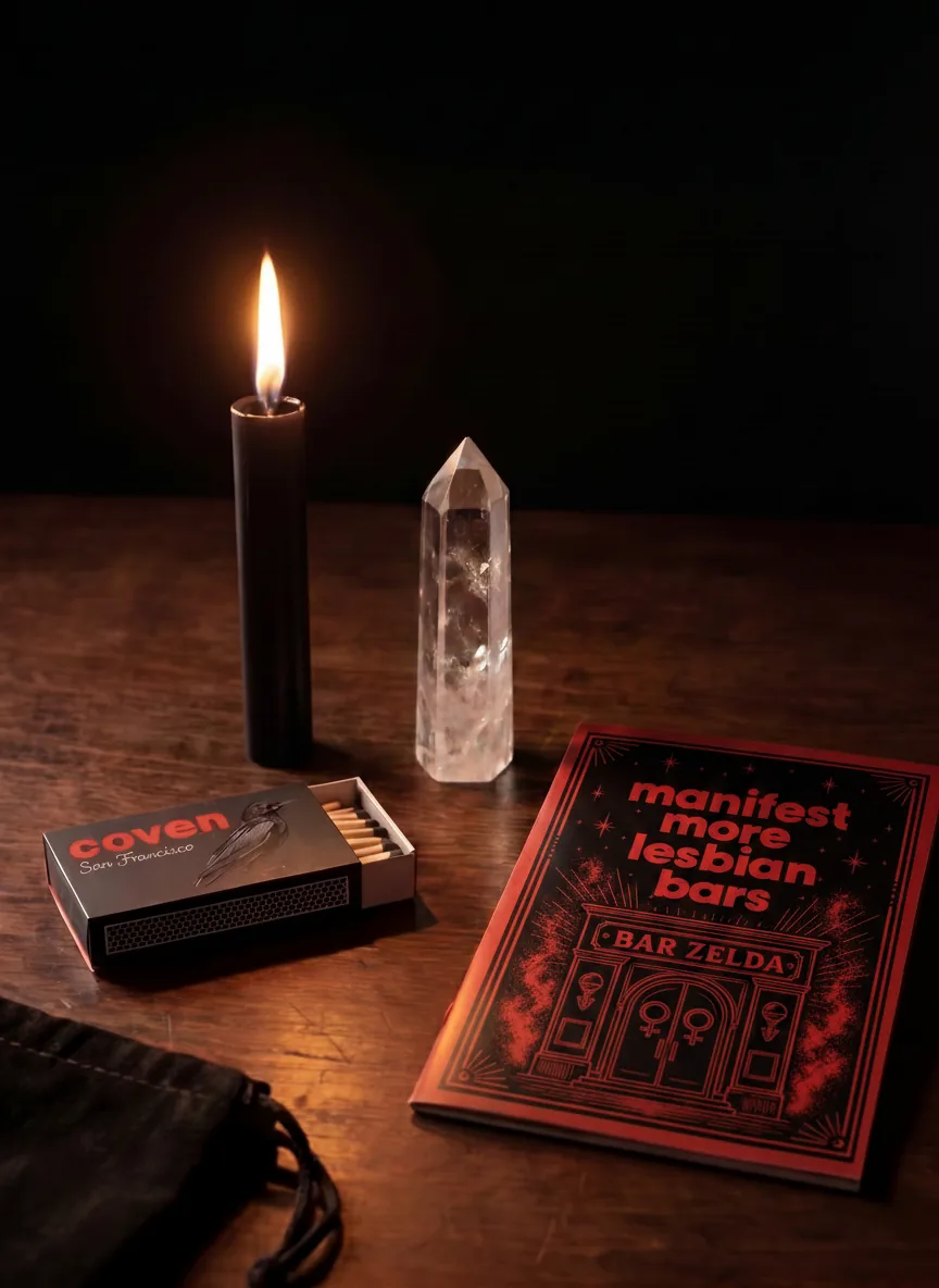Manifest More Lesbian Bars spellbook with ritual candle, clear quartz obelisk and Coven matches
