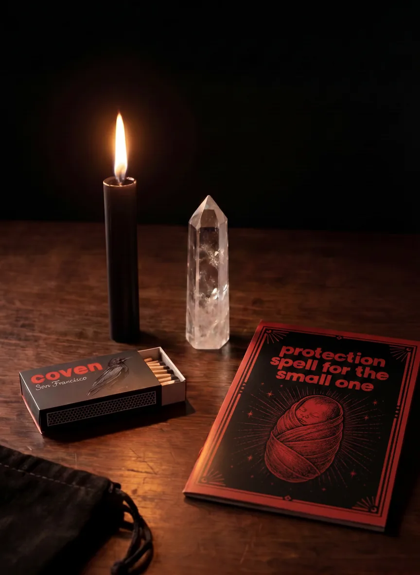Protection Spell for the Small One spellbook with ritual candle, clear quartz obelisk and Coven matches