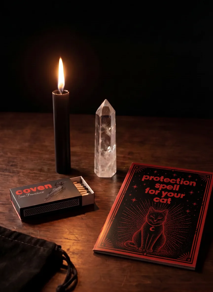 Protection Spell for Your Cat spellbook with ritual candle, clear quartz obelisk and Coven matches