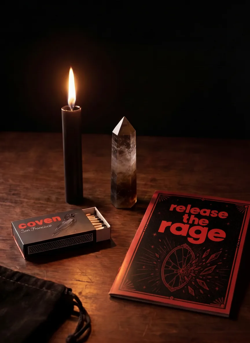Release the Rage spellbook with ritual candle, smoky quartz obelisk and Coven matches