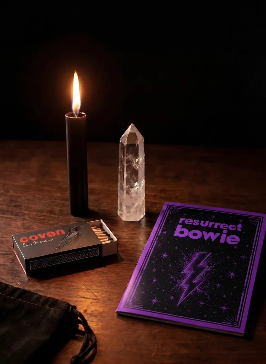 Resurrect Bowie spellbook with ritual candle, clear quartz obelisk and Coven matches
