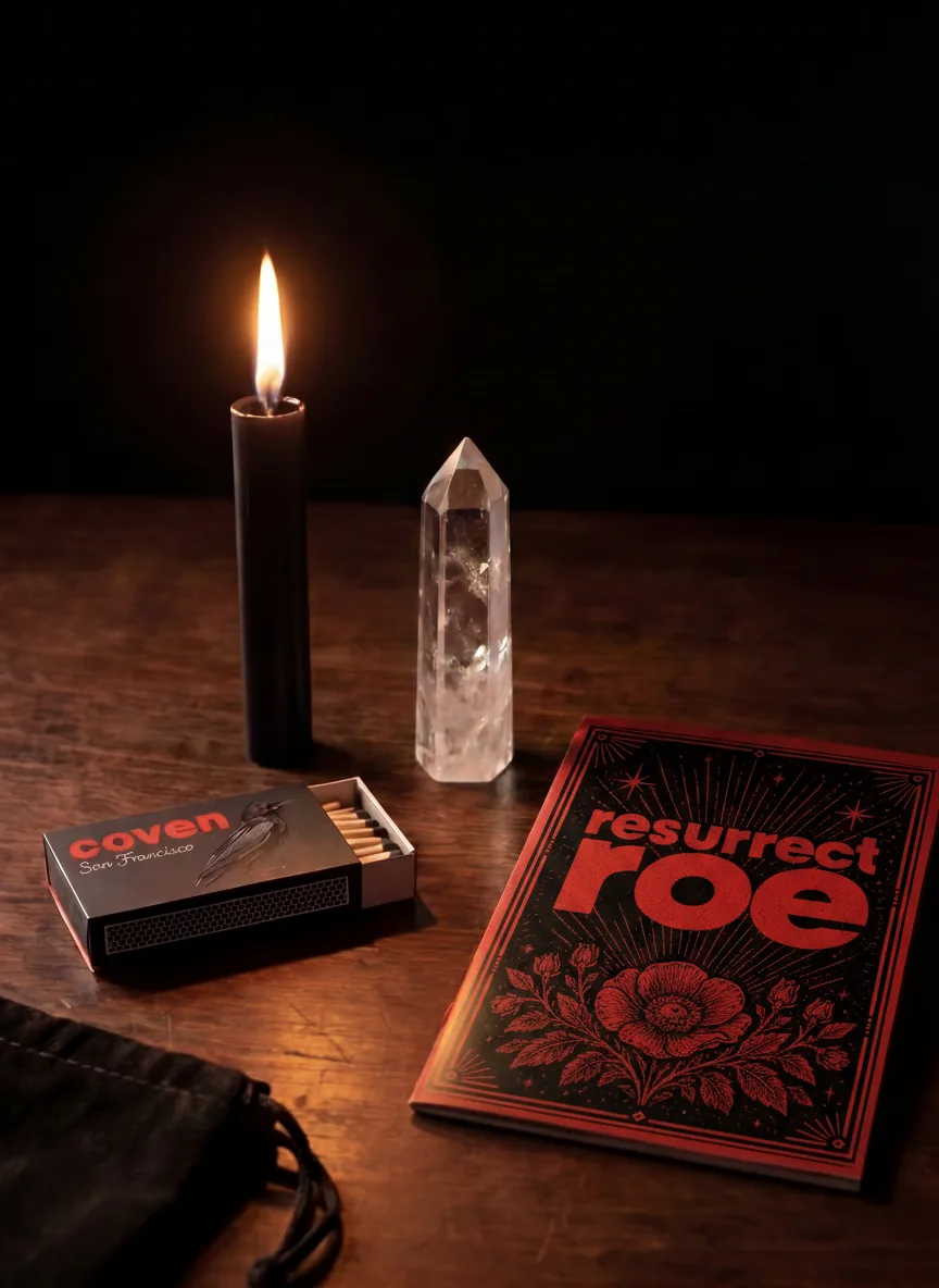 Resurrect Roe spellbook with ritual candle, clear quartz obelisk and Coven matches